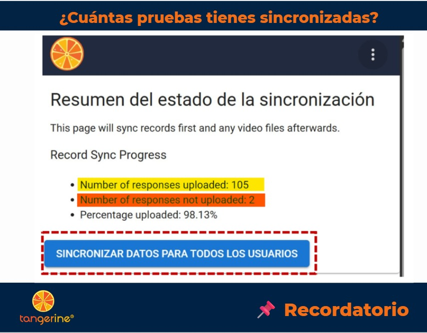 Pantalla de resumen del estado de la sincronización en Tangerine
